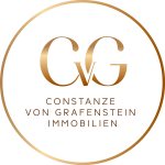 Brand logo: white circle with gold gradient 'CVG' initials and 'Constanze Von Graffenstein Immobilien' text on teal background.